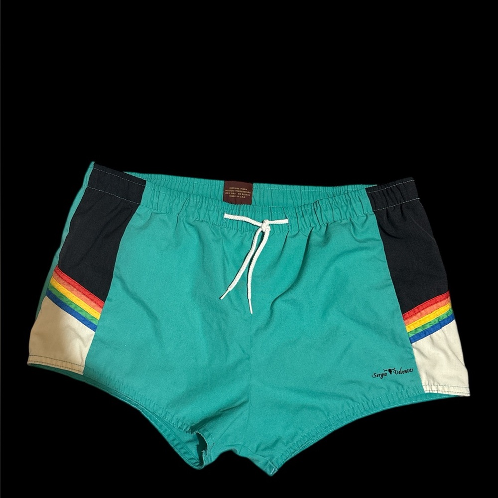Sergio Valente Teal Swim Trunks with Rainbow Side Stripes